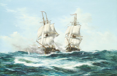 ₴ Картина батального жанра современного художника от 185 грн.: Бой между "Фролик" и американским кораблем "Уосп", 18 октября 1812