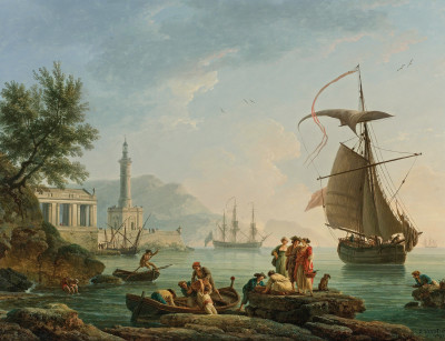 ₴ Картина морской пейзаж известного художника от 194 грн.: Средиземноморская гавань на закате, рыбаки на воде, маяк и военный корабль на якоре в бухте