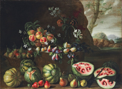 ₴ Репродукція натюрморт від 236 грн.: Кавуни, персики, груші та інші фрукти в ландшафті
