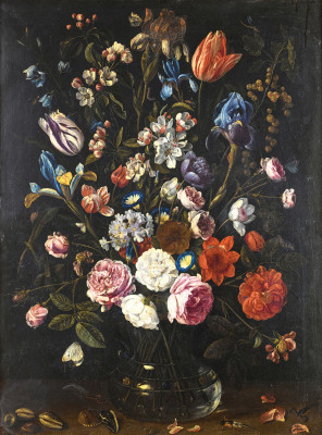 ₴ Картина натюрморт відомого художника від 201 грн.: Тюльпани, іриси, яблуневий цвіт, троянди, березка, агрус та інші квіти в скляній вазі