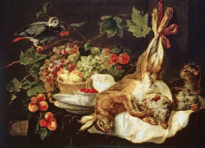 ₴ Картина натюрморт художника від 242 грн.: Заєць, фрукти і папуга