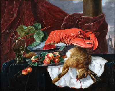 ₴ Картина натюрморт художника від 261 грн.: Натюрморт з лобстером, зайцем, ремер і персиками на виступі столу