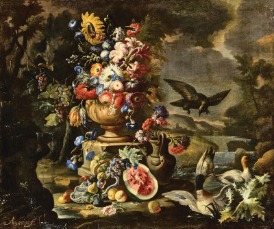 ₴ Репродукція натюрморт від 390 грн.: Ваза з квітами, птиці, кавун, персики, інжир та інші фрукти на тлі пейзажу