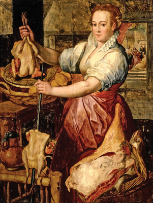 ₴ Репродукция бытового жанра от 252 грн.: Кухонна служниця готує м'ясо, Хрістс в будинку Марії і Марфи на віддалі