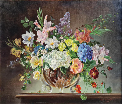 ₴ Картина натюрморт известного художника от 280 грн.: Букет цветов в стеклянной вазе