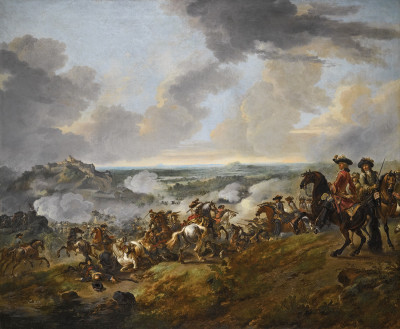 ₴ Картина батального жанру від 267 грн.: Два генерали спостерігають за битвою, що відбувається на схилі біля замку на вершині пагорба, на широкій рівнині вдалині