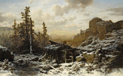 ₴ Картина пейзаж художника від 211 грн.: Млин у гірському зимовому пейзажі