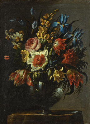 ₴ Репродукция натюрморт от 204 грн.: Натюрморт с цветами, включая тюльпаны, ирисы и нарциссы, в стеклянной вазе