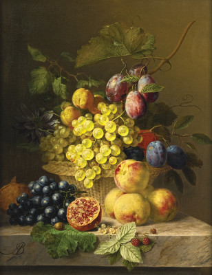 ₴ Репродукція натюрморт від 363 грн.: Квіти та фрукти на виступі