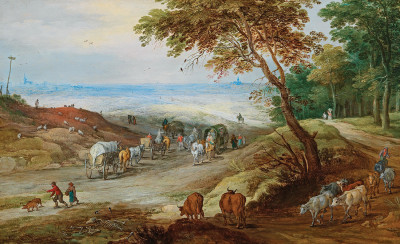 ₴ Картина пейзаж известного художника от 205 грн.: Великий горбистий краєвид з подорожніми на стежці і худоба на передньому плані