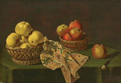 ₴ Картина натюрморт известного художника от 216 грн.: Яблоки в корзинах на столе с узорной скатертью