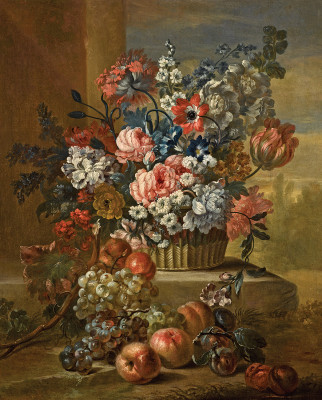 ₴ Картина натюрморт художника від 237 грн.: Квіти в урні на виступі, на передньому плані розкидані фрукти