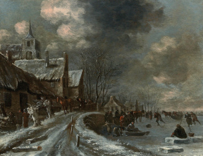 ₴ Картина пейзаж художника від 247 грн.: Зимовий пейзаж з фігуристами на замерзлій річці