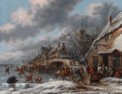 ₴ Картина пейзаж художника від 247 грн.: Зимовий пейзаж з фігуристами на замерзлій річці