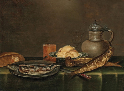 ₴ Репродукция натюрморт от 235 грн.: Рыба, тазза с маслом, стакан пива и кувшин на столе