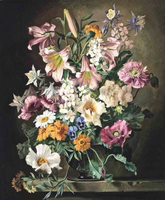 ₴ Картина натюрморт художника від 232 грн.: Лілії, аквілегії, чорнобривці, шипшина та інші літні квіти у вазі