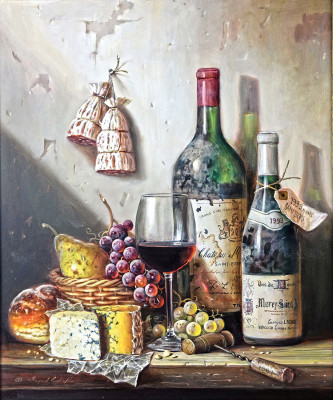 ₴ Картина натюрморт художника від 232 грн.: Натюрморт сервірованого столу з вином та сиром