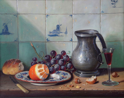 ₴ Картина натюрморт художника від 253 грн.: Натюрморт з наполовину очищеним апельсином, виноград, олов'яний кухоль і келих червоного вина