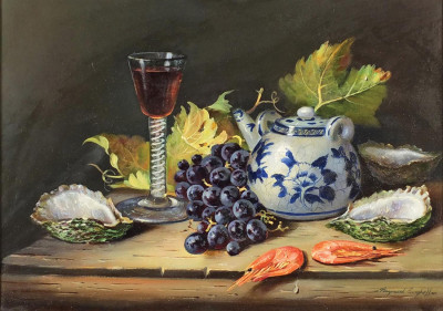 ₴ Картина натюрморт художника від 229 грн.: Натюрморт із посудою, виноградом та креветками