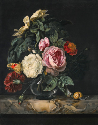 ₴ Репродукция цветочный натюрморт от 308 грн.: Розы, гвоздика и подсолнух в стеклянной вазе на мраморном выступе