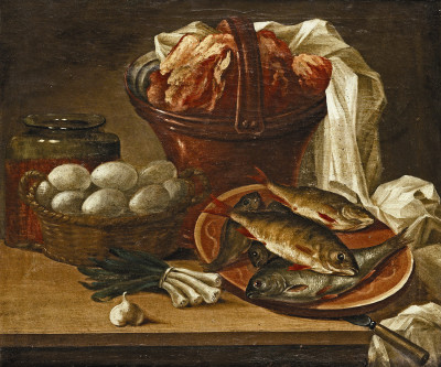 ₴ Картина натюрморт художника: 265 грн.: Натюрморт з рибою, яйцем, овочами та м'ясом