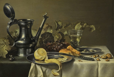 ₴ Картина натюрморт известного художника от 217 грн.: Натюрморт с кувшином, очищенным лимоном на оловянной тарелке, хлебом, ножом, оливками на оловянной тарелке, виноградом, стеклом и орехами на столе, частично драпированной белой тканью