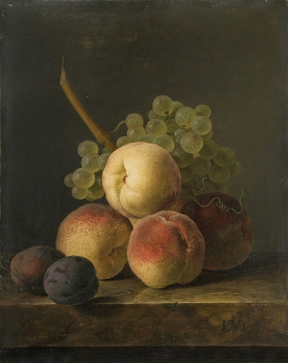 ₴ Репродукція натюрморт від 242 грн.: Натюрморт з персиками, сливами та гроном білого винограду