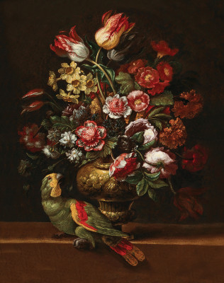 ₴ Картина натюрморт художника від 242 грн.: Квіти у вазі та папуга