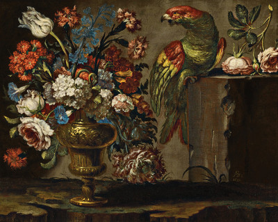 ₴ Картина натюрморт художника від 253 грн.: Натюрморт із квітами у позолоченій вазі, з папугою, все на кам'яних виступах