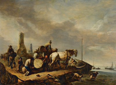 ₴ Картина бытового жанра известного художника от 235 грн.: Фигуры и лошади на берегу, с парусными лодками в отдалении