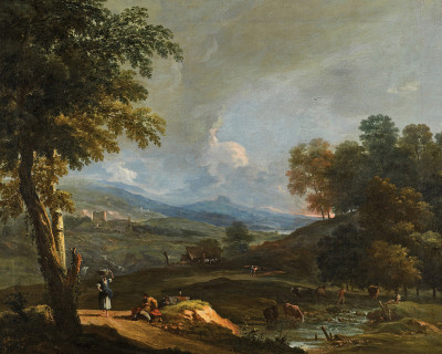 ₴ Картина пейзаж художника от 253 грн.: Итальянский пейзаж с фигурами и скотом у ручья
