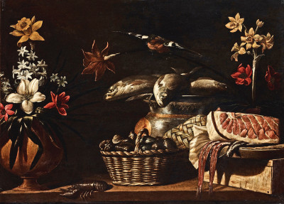 ₴ Картина натюрморт художника від 229 грн.: Натюрморт з рибою, молюсками, крабами та квітами