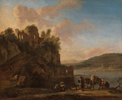 ₴ Репродукция пейзаж от 259 грн.: Итальянский речной пейзаж с пастухами на дороге, классические руины на вершине горы