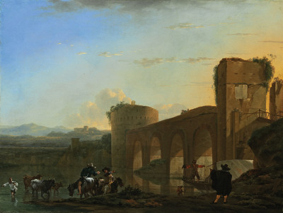 ₴ Картина пейзаж художника от 241 грн.: Река Тибр и мост Понте-Молле на закате