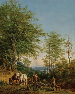 ₴ Репродукція краєвид від 242 грн.: Італійський лісовий пейзаж з дроворубом, його упряжкою коней та перехожим із собакою