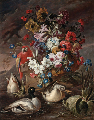 ₴ Репродукция натюрморт от 247 грн.: Цветочный натюрморт с попугаем и утками
