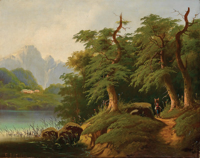 ₴ Репродукция пейзажа от 247 грн.: Гірське озеро з фігурою збираючої хмиз