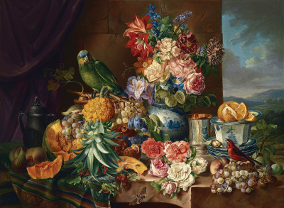 ₴ Репродукція натюрморт від 235 грн.: Фрукти, квіти та папуга