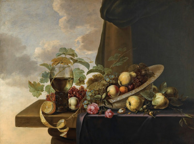 ₴ Репродукція натюрморт від 241 грн.: Виноград, груші, персики та троянди в чаші Ван-лі з ромерем та лимоном на частково драпірованому столі