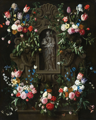 ₴ Репродукція натюрморт від 242 грн.: Гірлянда з квітів, що оточує скульптуру Діви Марії