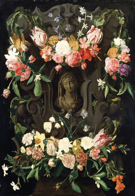 ₴ Репродукція натюрморт від 363 грн.: Квіти навколо картуша із зображенням Богородиці