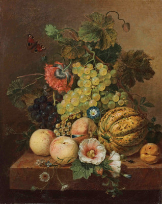 ₴ Репродукція натюрморт від 242 грн.: Виноград, персики, диня та абрикос на мармуровому виступі