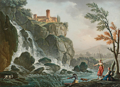 ₴ Репродукція краєвид від 241 грн.: Риболовля на березі річки з водоспадом під замком
