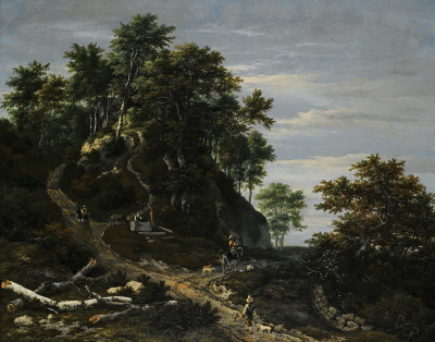 ₴ Репродукция пейзаж от 247 грн.: Холмистый лесной пейзаж с соколятником и всадником