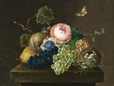 ₴ Репродукція натюрморт від 242 грн.: Натюрморт із виноградом, грушами та квітами разом із пташиним гніздом із яйцями на кам’яному виступі, метелик угорі