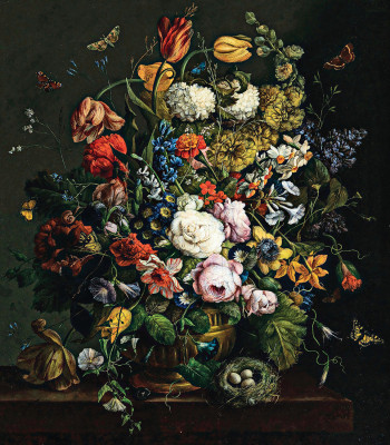 ₴ Репродукція натюрморт від 223 грн.: Тюльпани, нарциси, троянди та інші квіти у вазі на кам'яному виступі з метеликами та пташиним гніздом