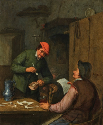 ₴ Репродукция бытовой жанр от 232 грн.: Два крестьянина курят, пьют и читают в гостинице