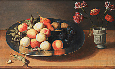 ₴ Репродукція натюрморт від 199 грн.: Персики, груші, горіхи та ваза з гвоздиками на столі