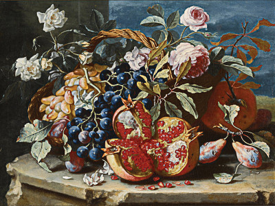 ₴ Репродукція натюрморт від 235 грн.: Натюрморт з гранатом та виноградом, з трояндами та іншими фруктами у кошику, все на кам'яному виступі