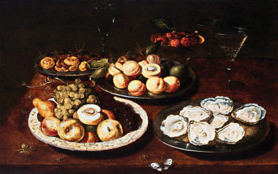 ₴ Репродукция натюрморт от 205 грн.: Устрицы, фрукты и стаканы на столе
